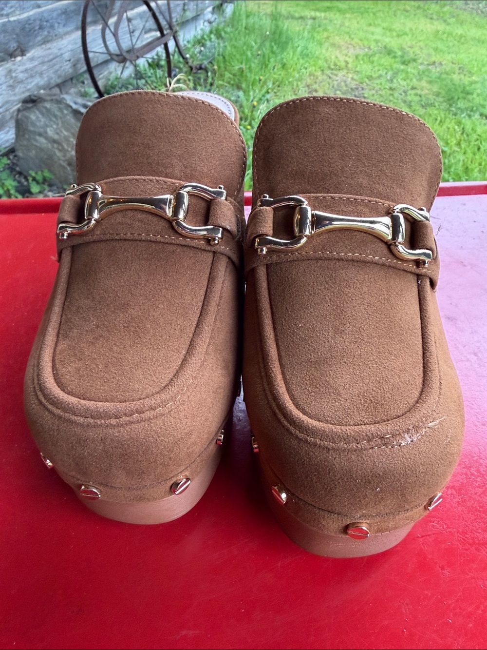 JustFab Brown Suede Platform Clog Mules with Gold Bit - Picture 6 of 11